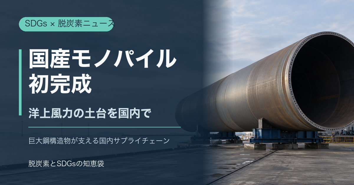 海辺の製造ヤードに置かれた巨大な鋼製モノパイルと洋上風車を背景に、「国産モノパイル初完成」と記した編集イメージ