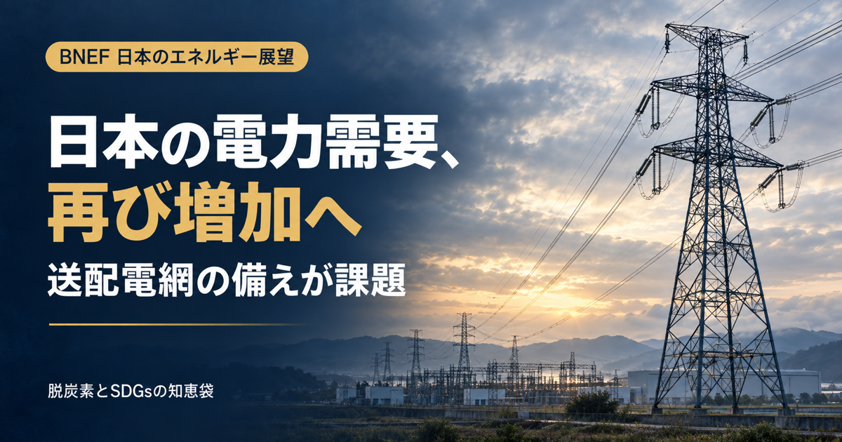送電鉄塔と変電所を描いたイメージ。見出しは「日本の電力需要、再び増加へ」「送配電網の備えが課題」。