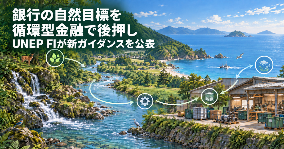 「銀行の自然目標を循環型金融で後押し UNEP FIが新ガイダンスを公表」の文字と、森林から川・海へ続く生態系、修理工房を結ぶ循環矢印のイラスト