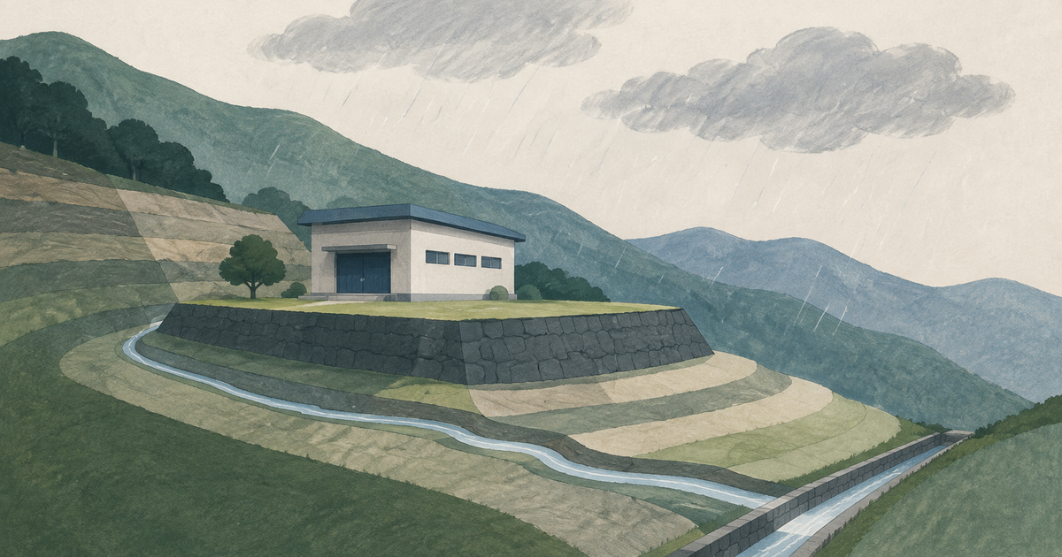 雨の山間部で排水経路を備えた高台の事業所を描いた防災イラスト